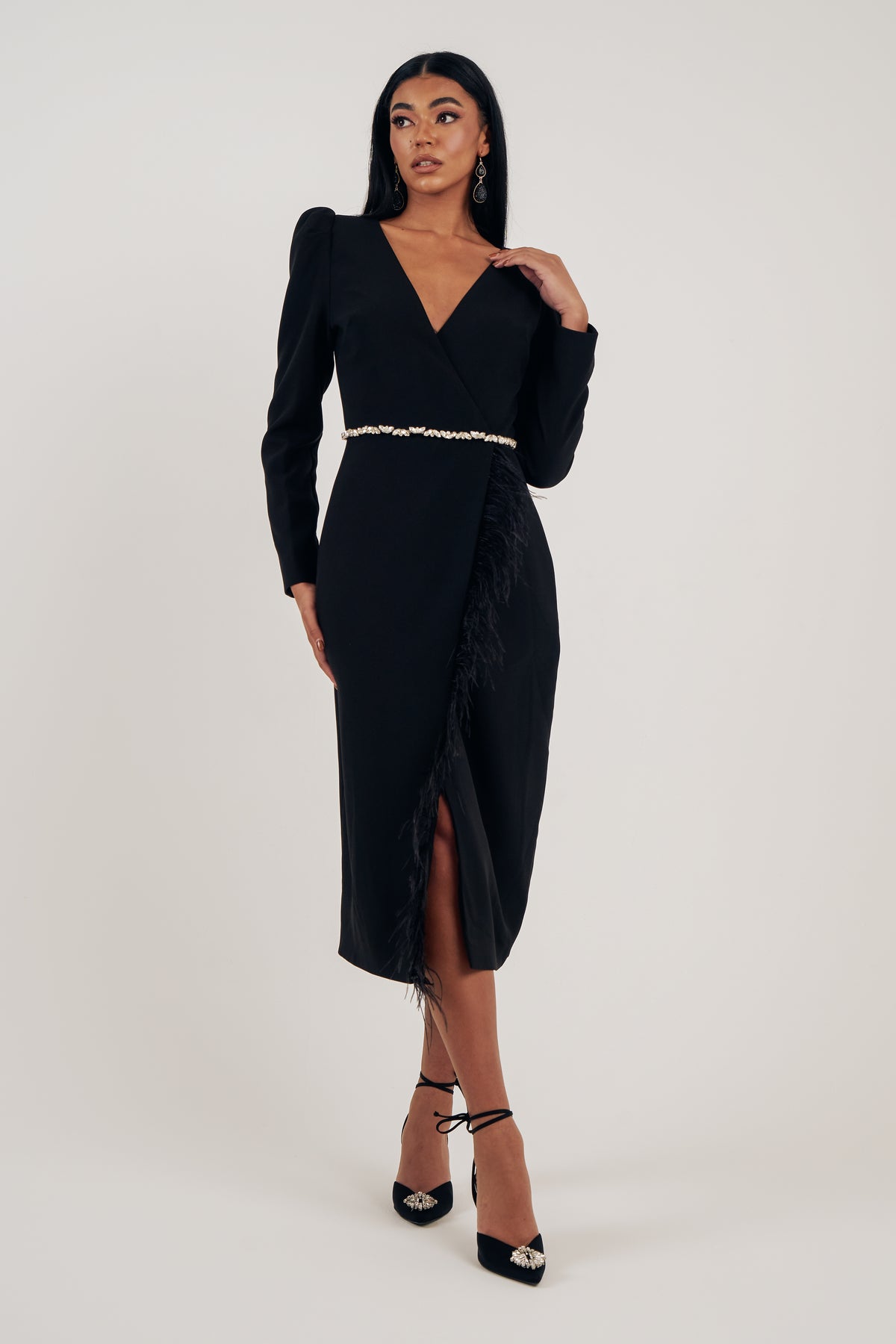 VIVIENNE FEATHER TRIM PUFF SHOULDER MIDI DRESS - BLACK