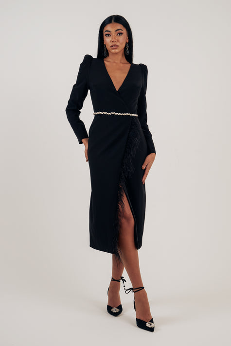 VIVIENNE FEATHER TRIM PUFF SHOULDER MIDI DRESS - BLACK