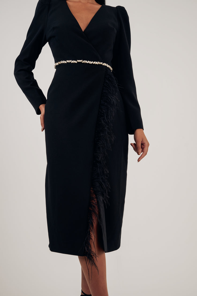 VIVIENNE FEATHER TRIM PUFF SHOULDER MIDI DRESS - BLACK