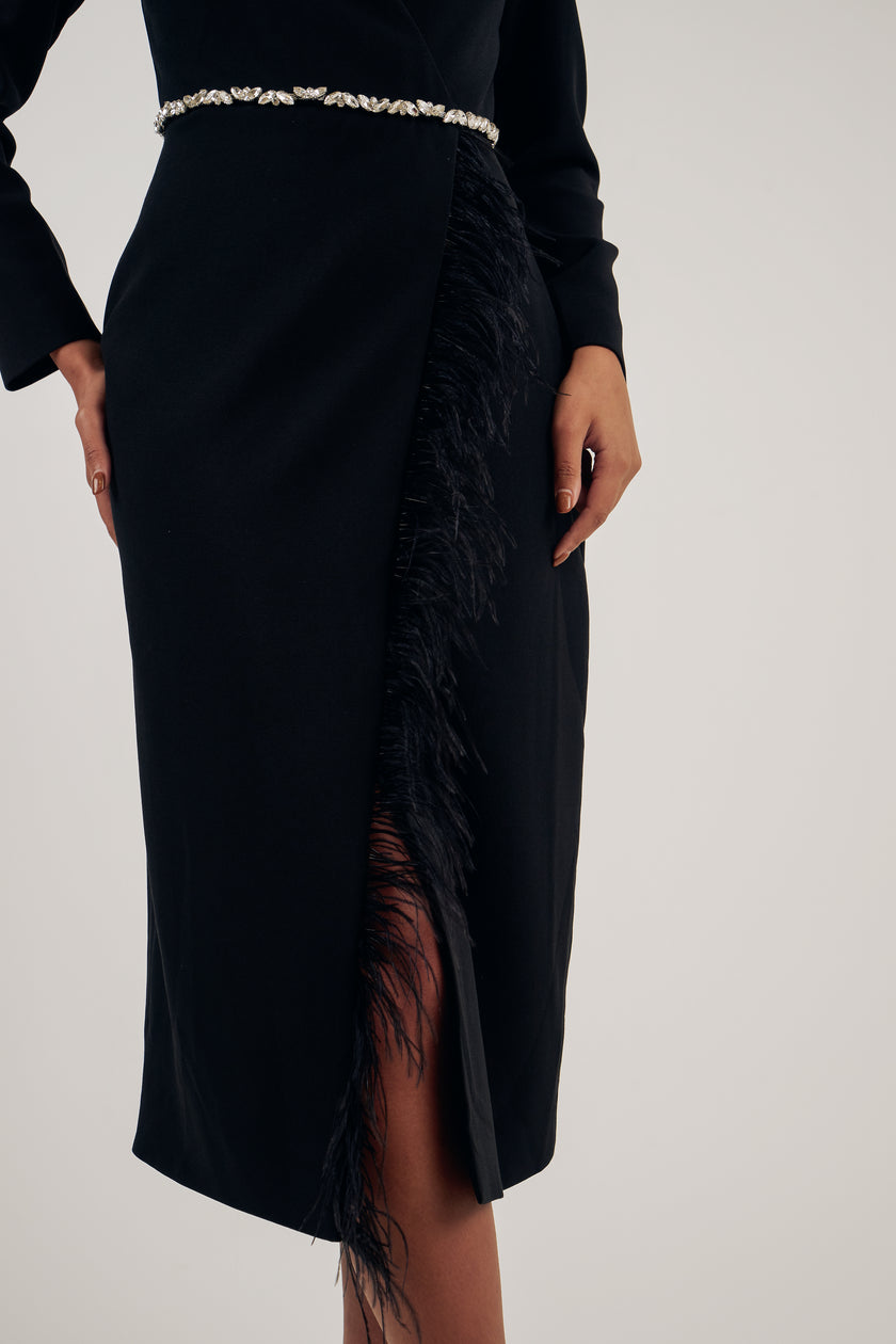 VIVIENNE FEATHER TRIM PUFF SHOULDER MIDI DRESS - BLACK