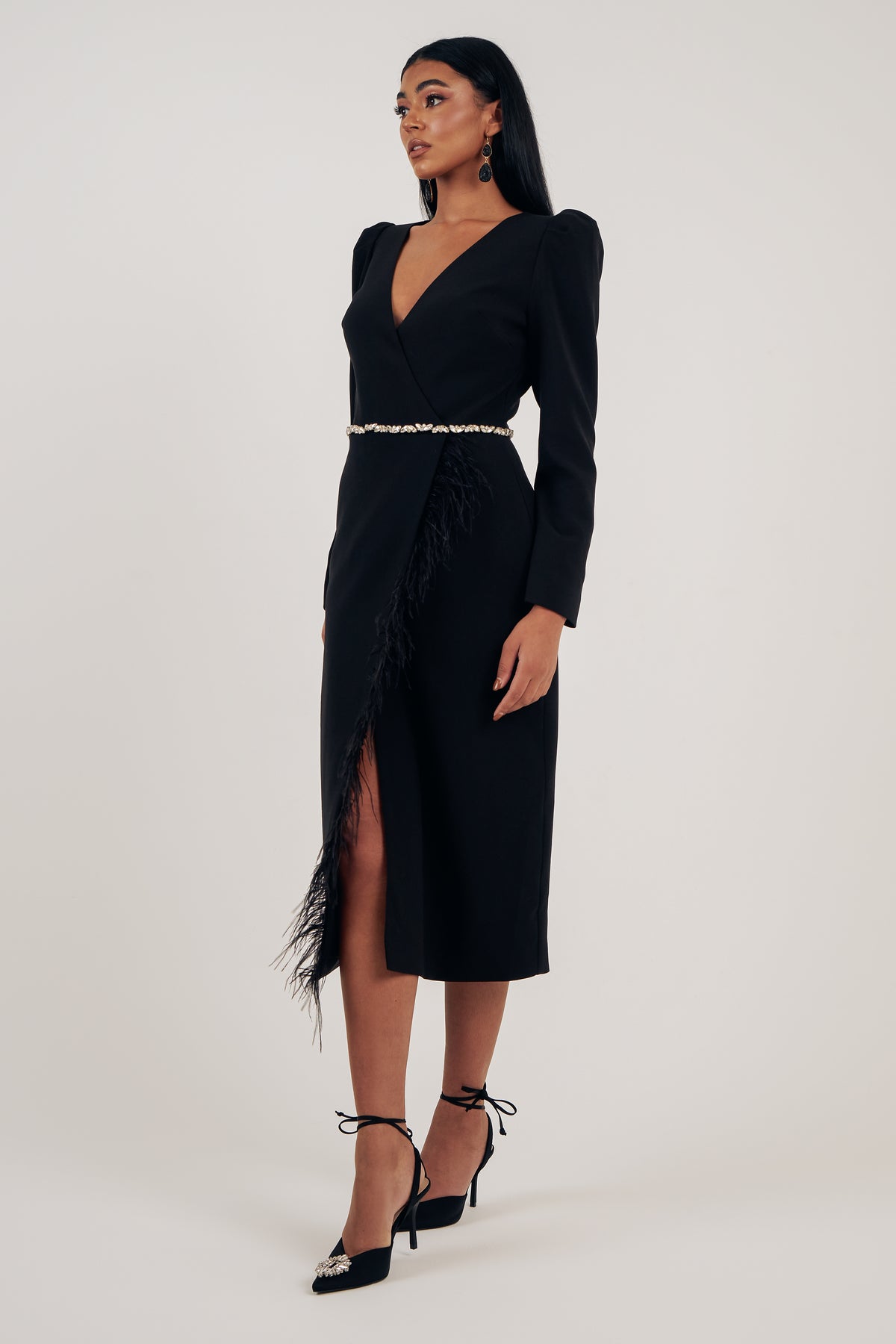 VIVIENNE FEATHER TRIM PUFF SHOULDER MIDI DRESS - BLACK