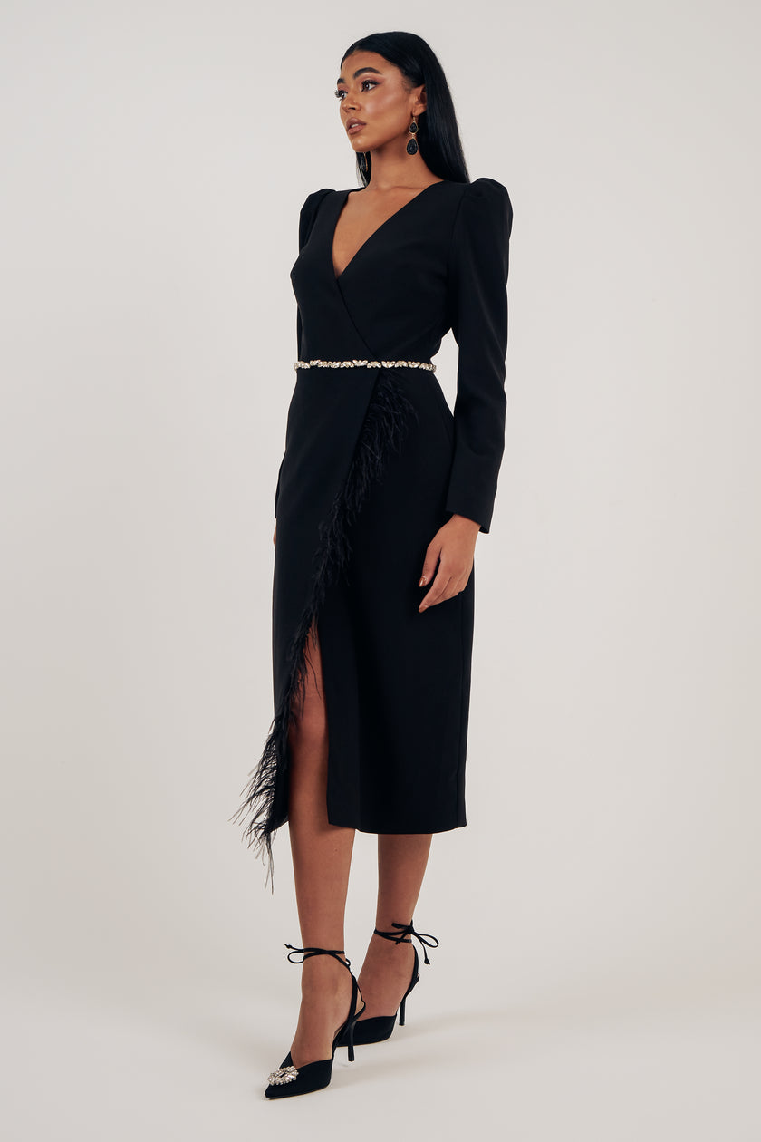 VIVIENNE FEATHER TRIM PUFF SHOULDER MIDI DRESS - BLACK