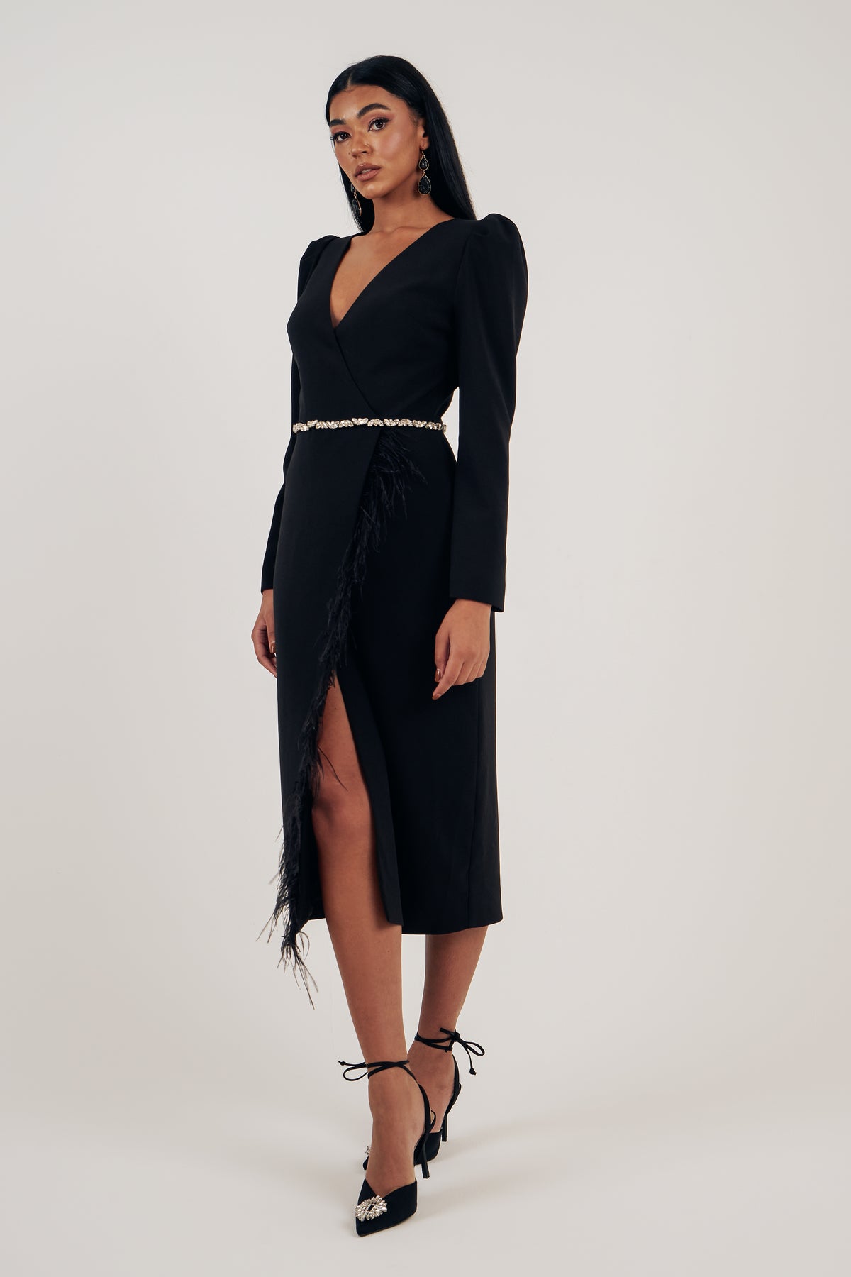 VIVIENNE FEATHER TRIM PUFF SHOULDER MIDI DRESS - BLACK