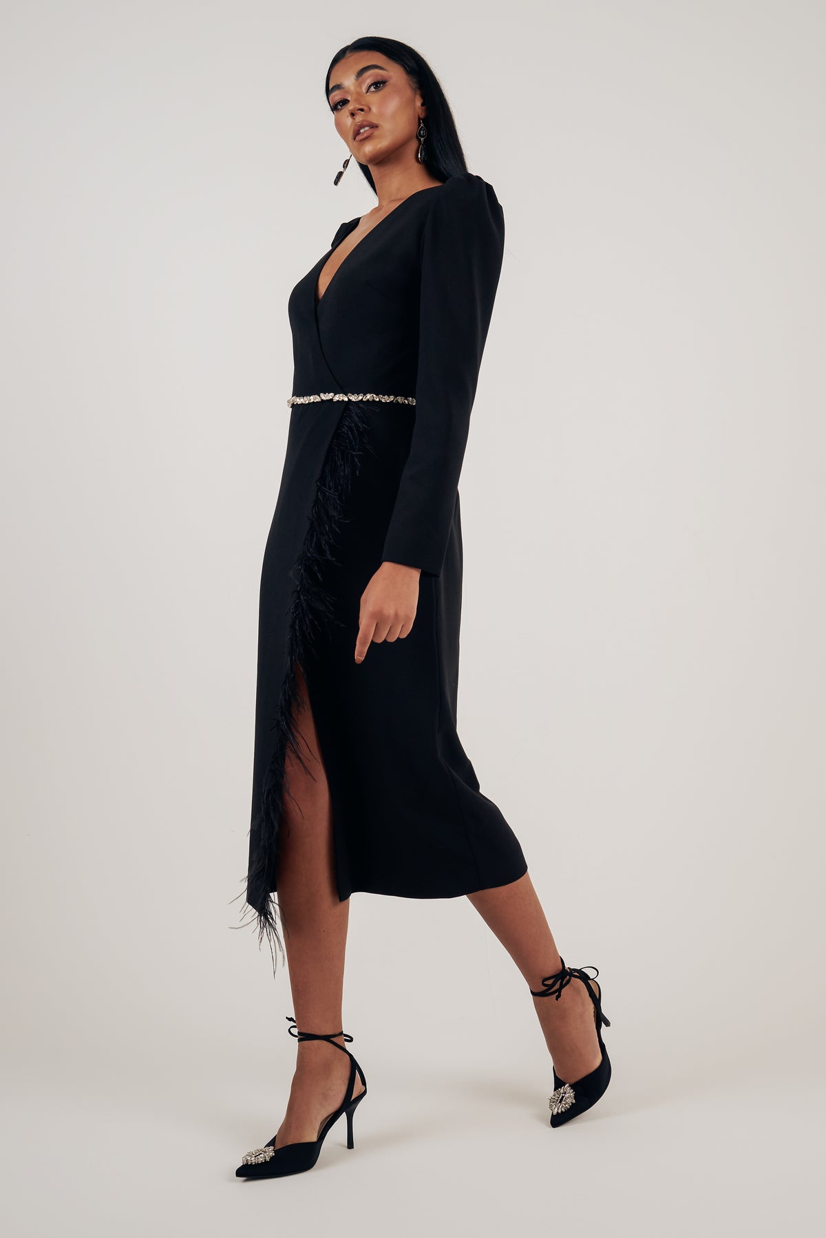 VIVIENNE FEATHER TRIM PUFF SHOULDER MIDI DRESS - BLACK