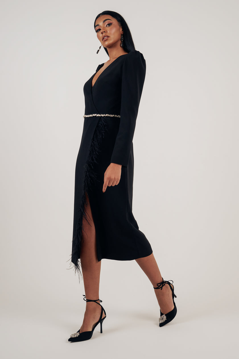 VIVIENNE FEATHER TRIM PUFF SHOULDER MIDI DRESS - BLACK