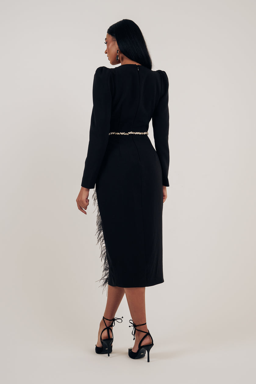 VIVIENNE FEATHER TRIM PUFF SHOULDER MIDI DRESS - BLACK