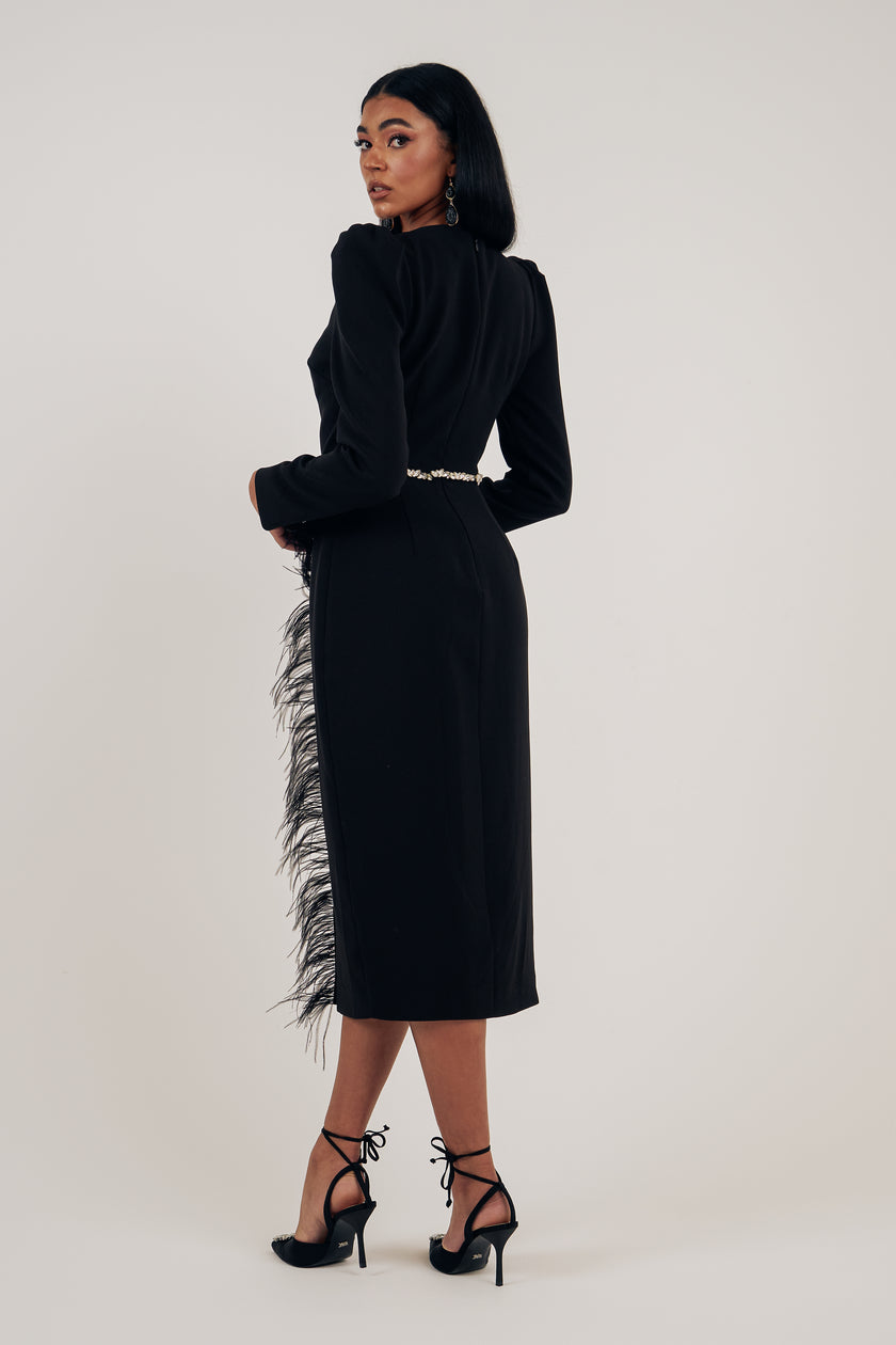 VIVIENNE FEATHER TRIM PUFF SHOULDER MIDI DRESS - BLACK