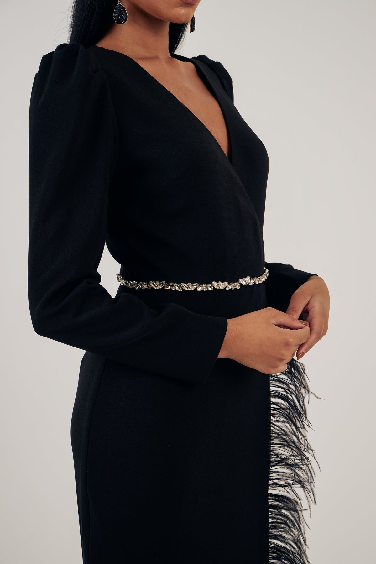 VIVIENNE FEATHER TRIM PUFF SHOULDER MIDI DRESS - BLACK