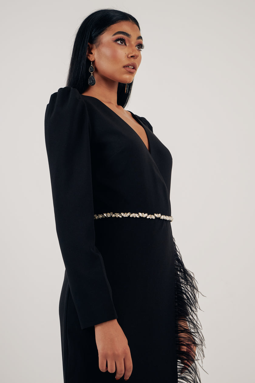 VIVIENNE FEATHER TRIM PUFF SHOULDER MIDI DRESS - BLACK