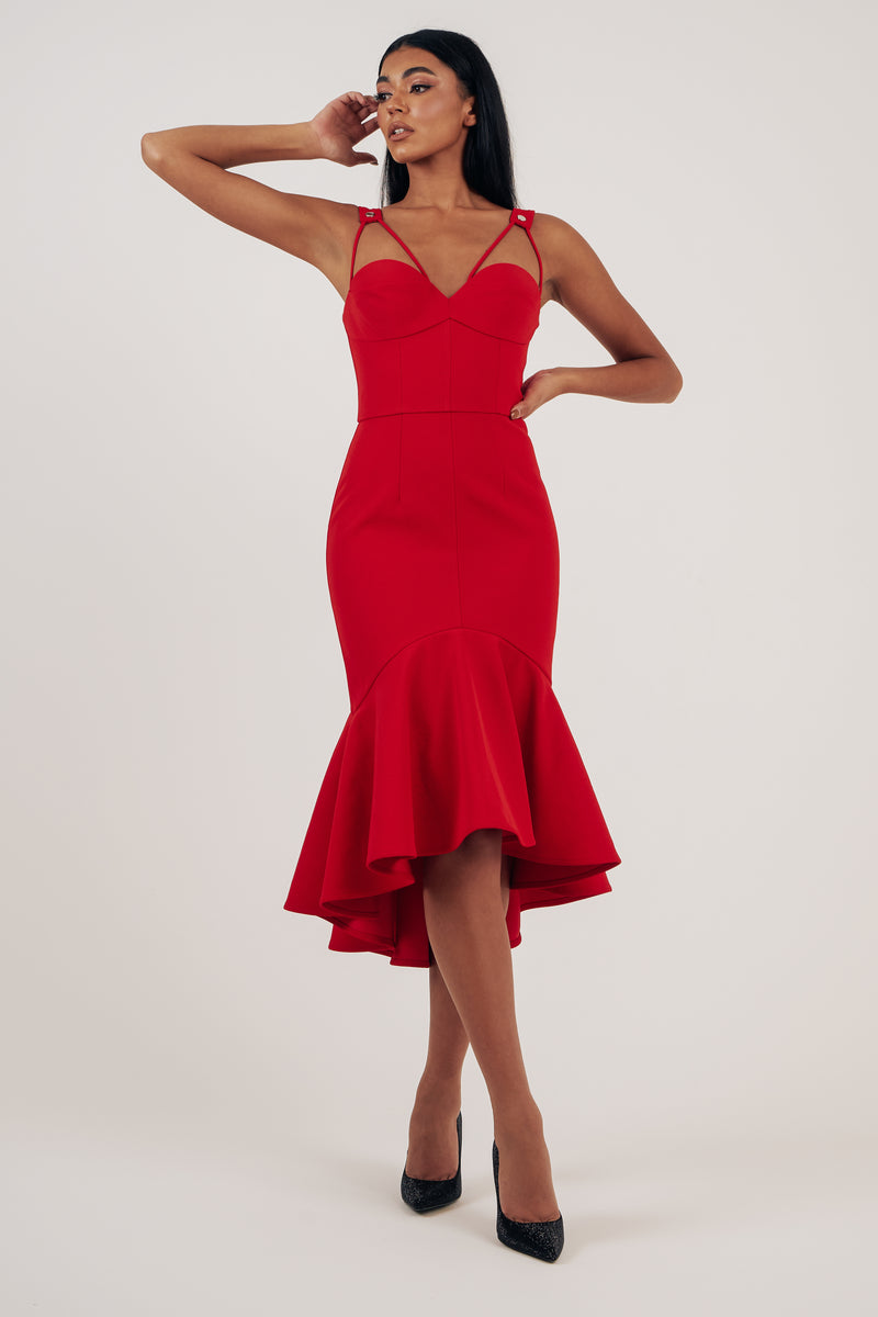 BROADWAY FISHTAIL MIDI DRESS - RED