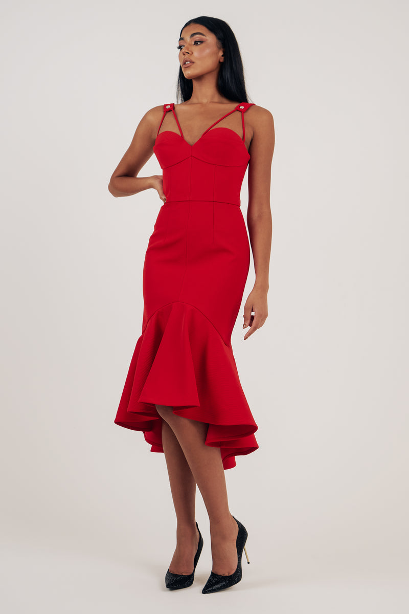 BROADWAY FISHTAIL MIDI DRESS - RED