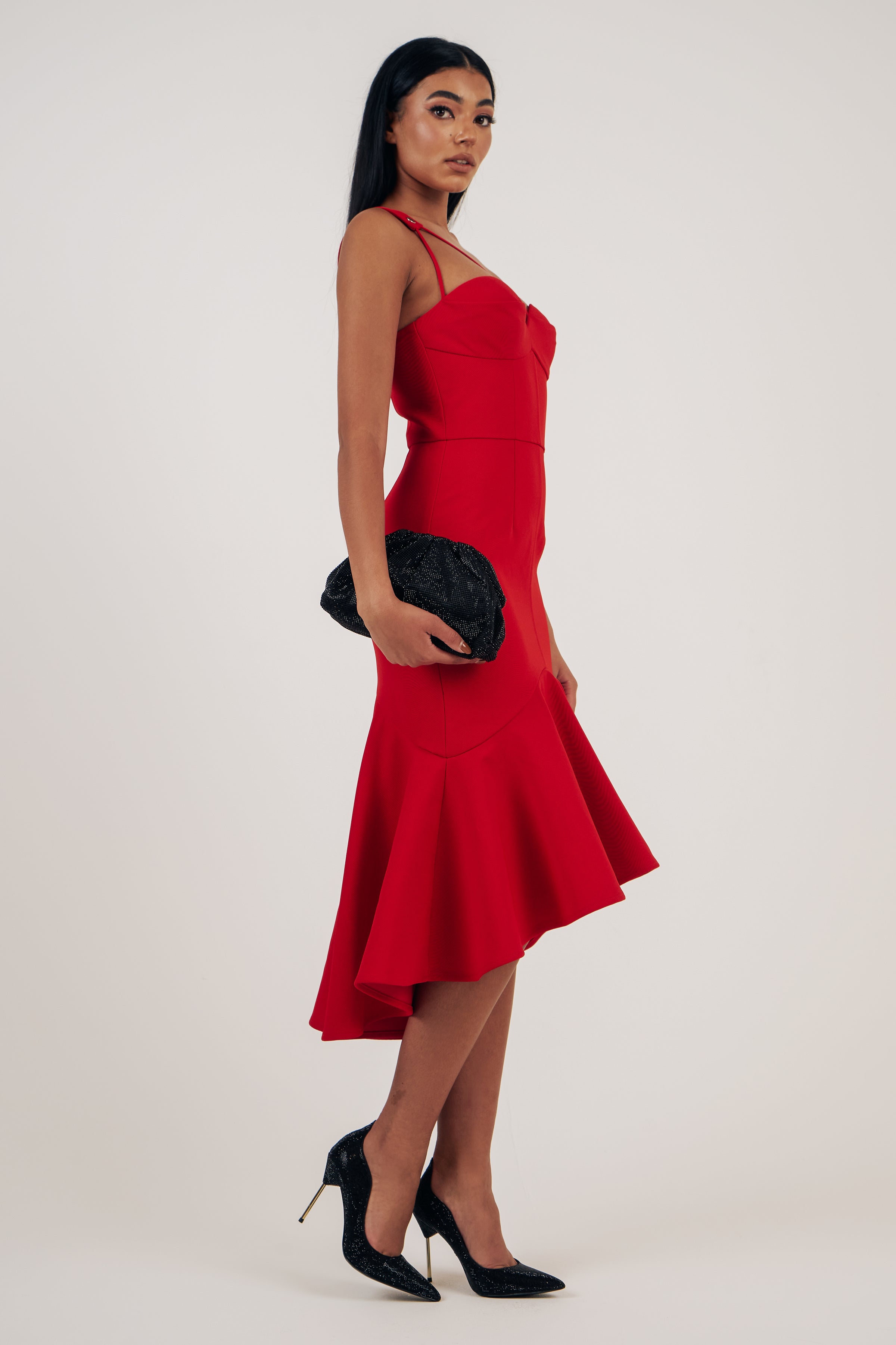 red fishtail midi dress