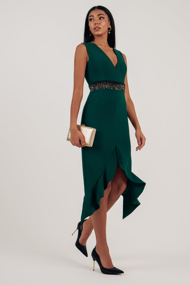 TOPAZ FRILL HEM DRESS - FOREST GREEN