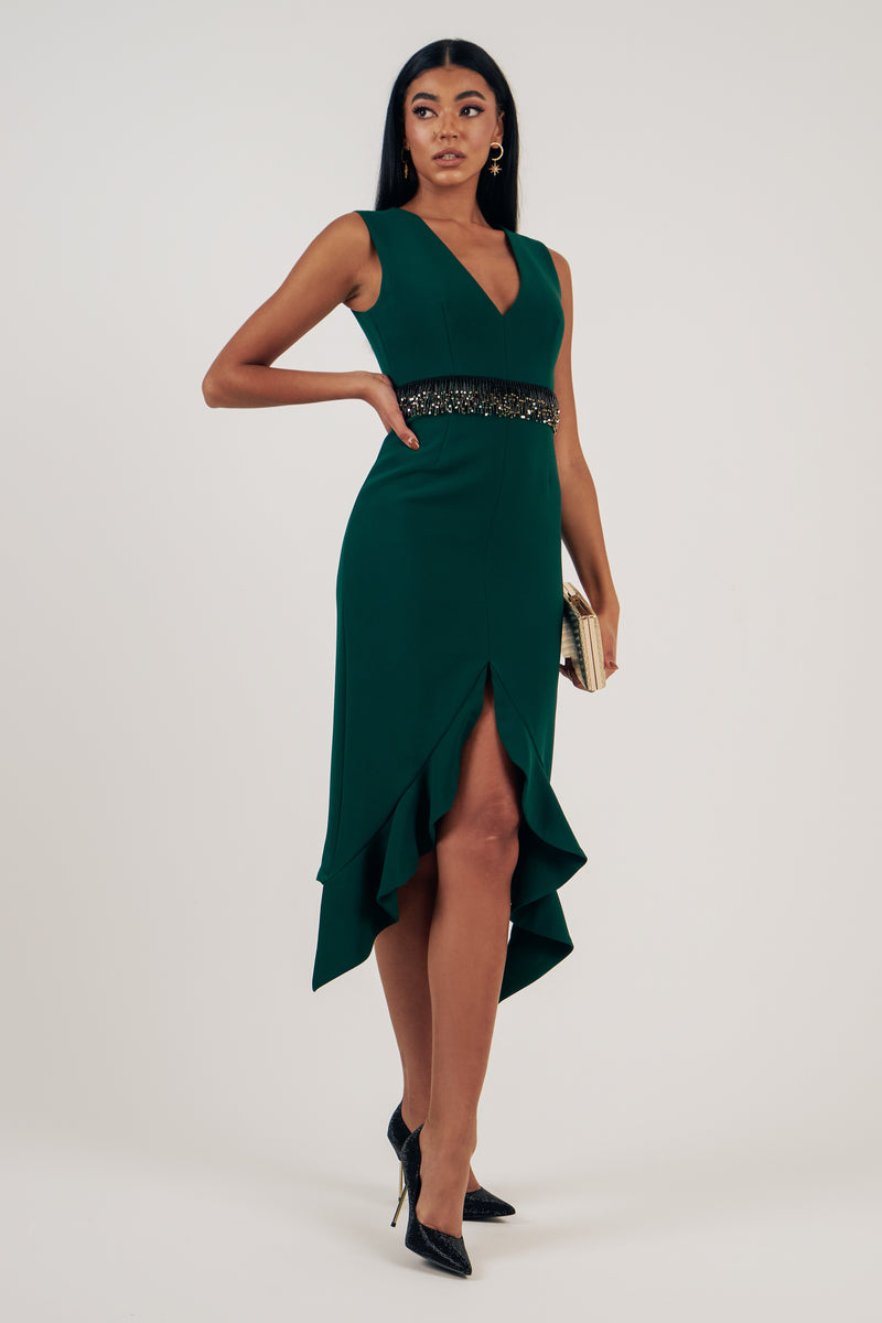 TOPAZ FRILL HEM DRESS - FOREST GREEN