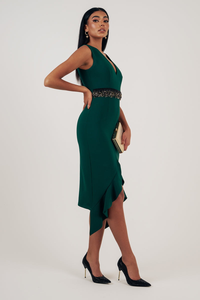 TOPAZ FRILL HEM DRESS - FOREST GREEN
