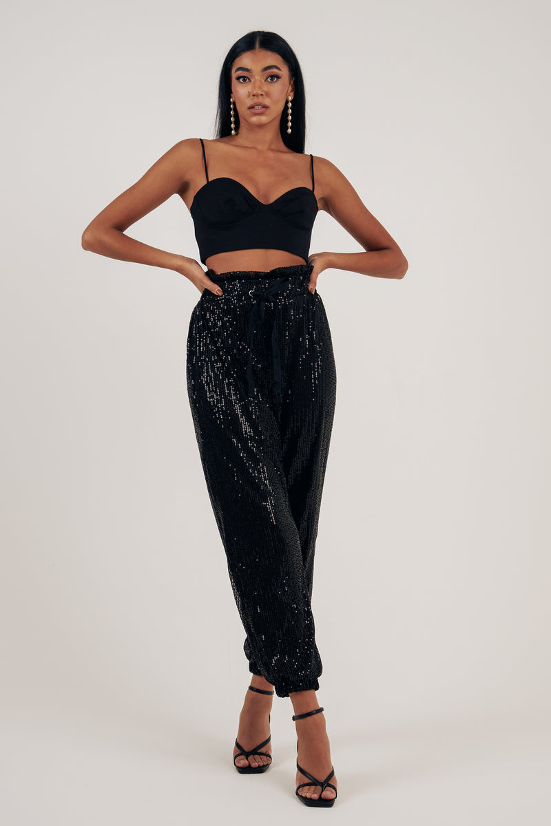SADIE SEQUIN HIGH WAIST TROUSERS - BLACK