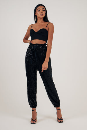SADIE SEQUIN HIGH WAIST TROUSERS - BLACK