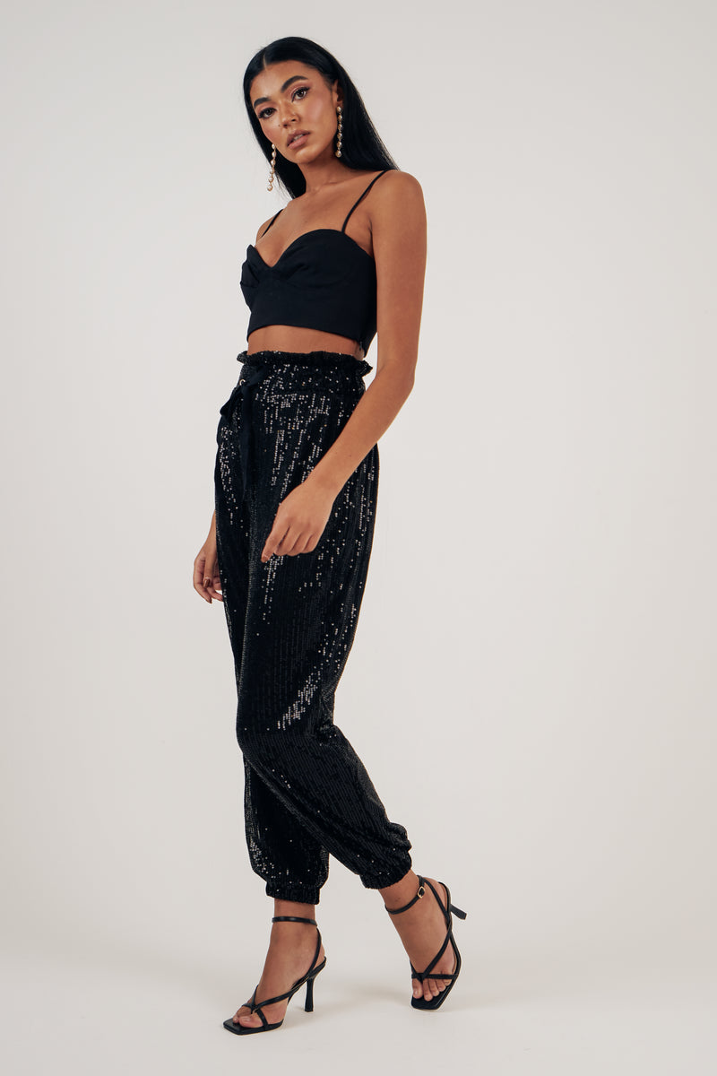SADIE SEQUIN HIGH WAIST TROUSERS - BLACK