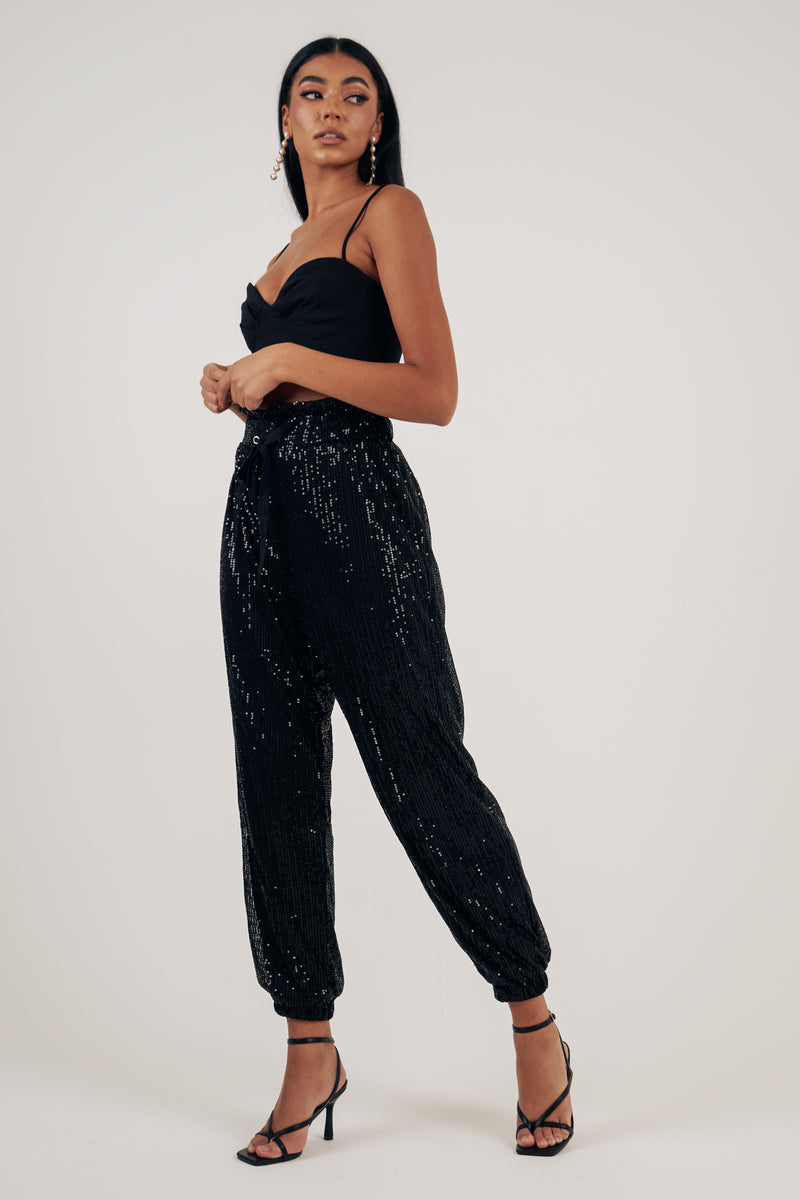 SADIE SEQUIN HIGH WAIST TROUSERS - BLACK