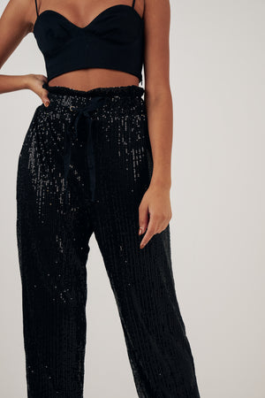 SADIE SEQUIN HIGH WAIST TROUSERS - BLACK