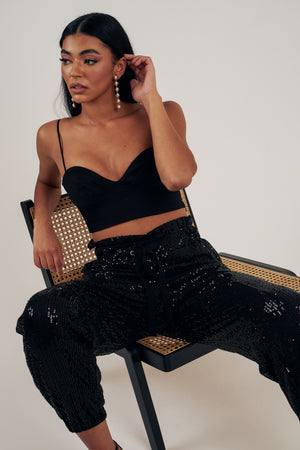 SADIE SEQUIN HIGH WAIST TROUSERS - BLACK