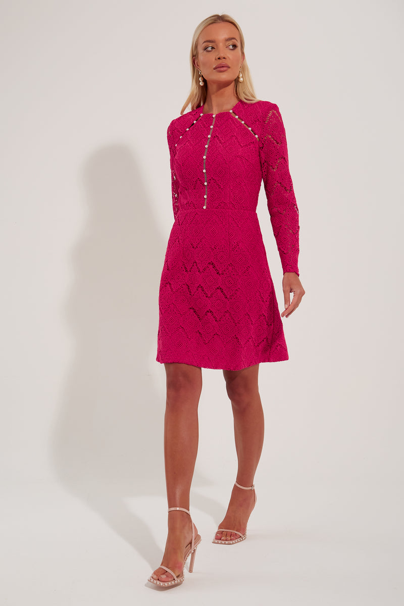 ROCOCO PEARL TRIM LACE SKATER DRESS - RASPBERRY PINK
