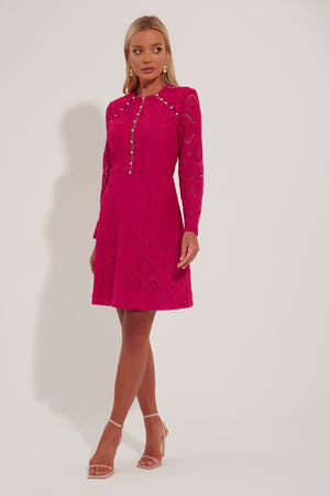 ROCOCO PEARL TRIM LACE SKATER DRESS - RASPBERRY PINK
