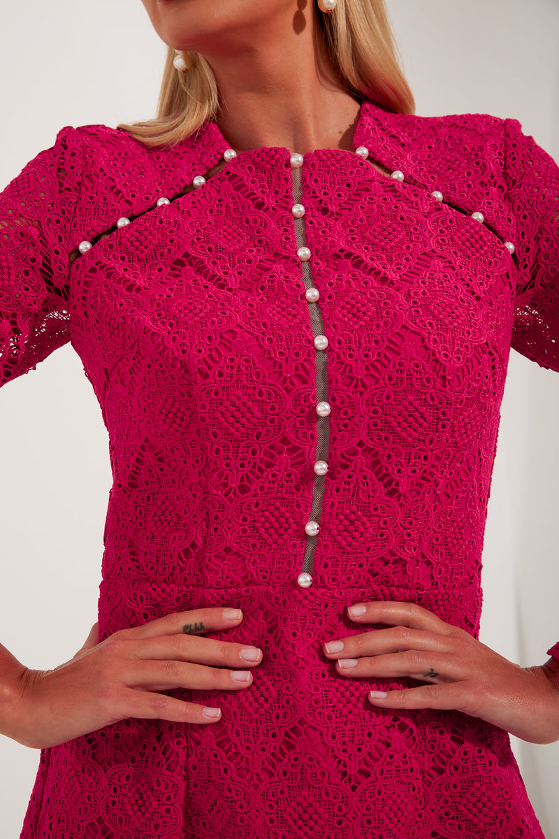 ROCOCO PEARL TRIM LACE SKATER DRESS - RASPBERRY PINK