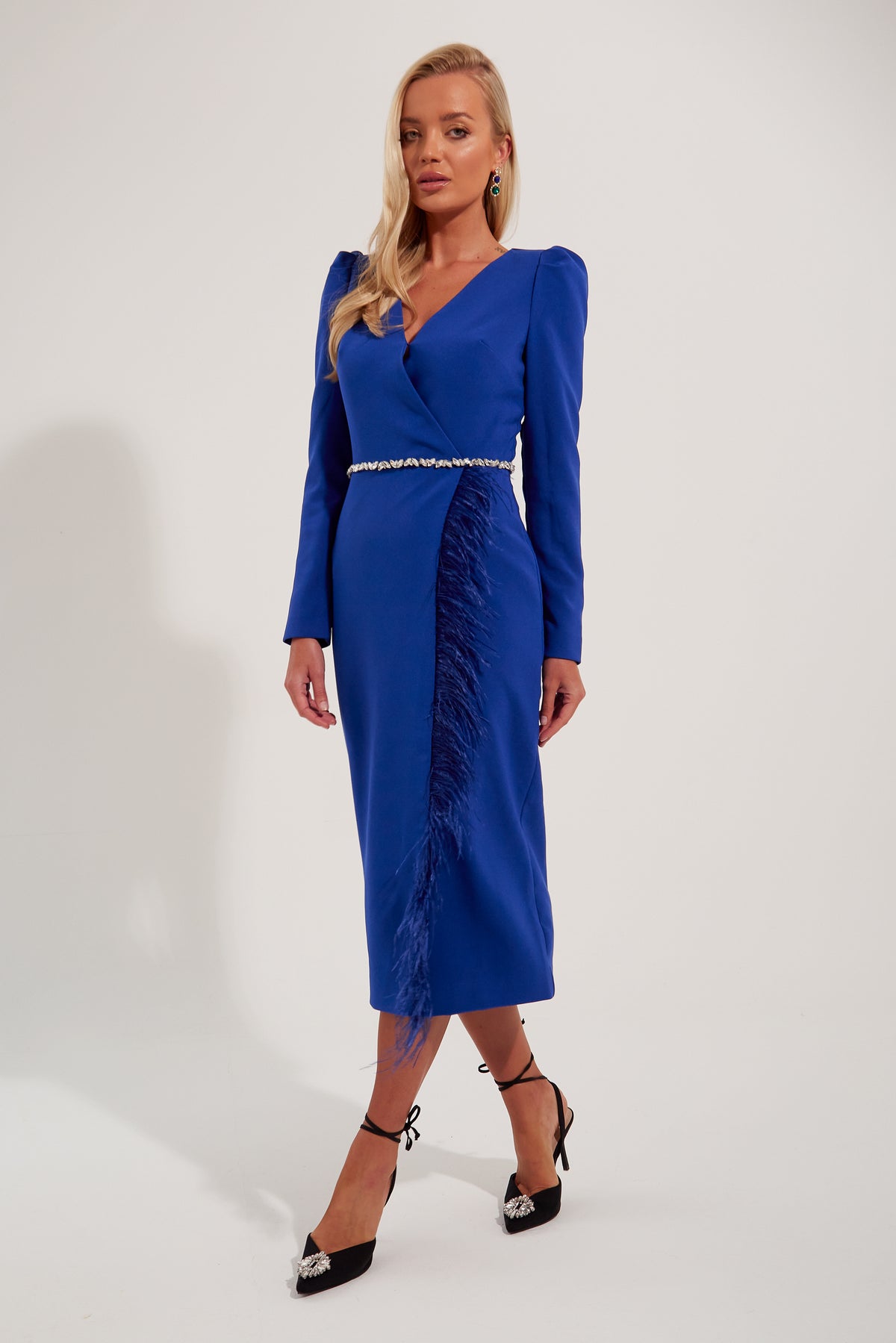 VIVIENNE FEATHER TRIM PUFF SHOULDER MIDI DRESS - ROYAL BLUE