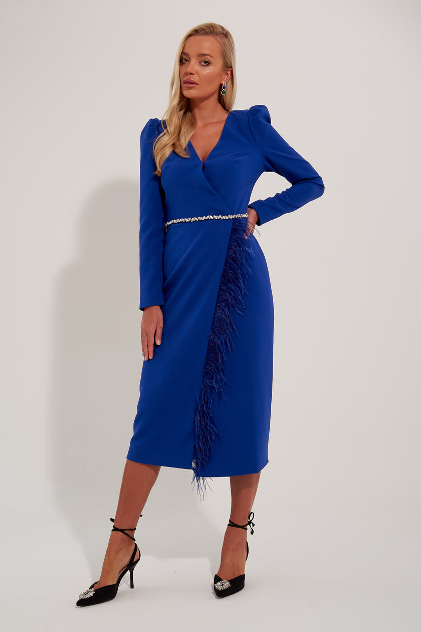 VIVIENNE FEATHER TRIM PUFF SHOULDER MIDI DRESS - ROYAL BLUE
