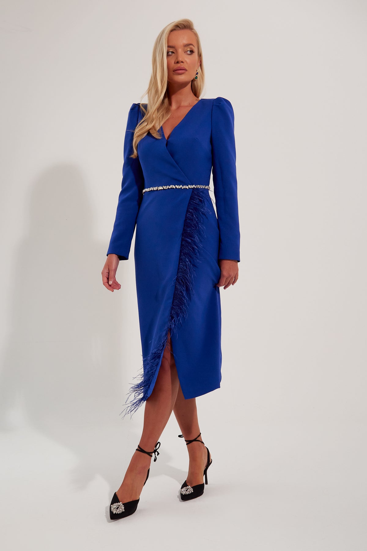 VIVIENNE FEATHER TRIM PUFF SHOULDER MIDI DRESS - ROYAL BLUE