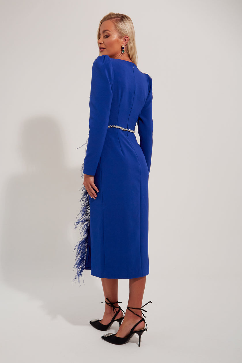 VIVIENNE FEATHER TRIM PUFF SHOULDER MIDI DRESS - ROYAL BLUE