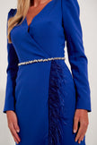 VIVIENNE FEATHER TRIM PUFF SHOULDER MIDI DRESS - ROYAL BLUE