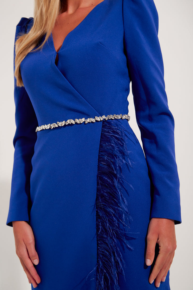 VIVIENNE FEATHER TRIM PUFF SHOULDER MIDI DRESS - ROYAL BLUE