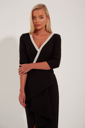 FLORENCE PEARL FRILL FRONT MIDI - BLACK