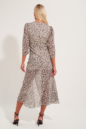 COLETTE PUFF SLEEVE RUCHE DETAIL MIDI - LEOPARD PRINT