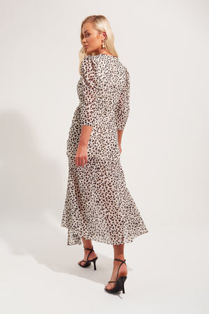 COLETTE PUFF SLEEVE RUCHE DETAIL MIDI - LEOPARD PRINT