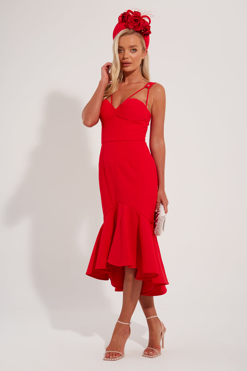 BROADWAY FISHTAIL MIDI DRESS - RED