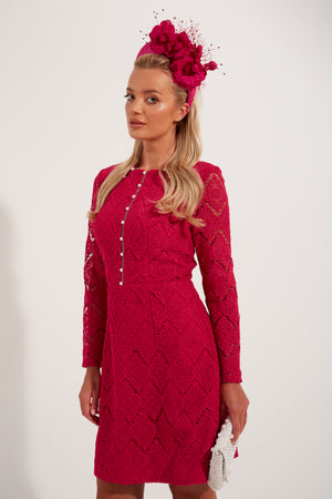 ROCOCO PEARL TRIM LACE SKATER DRESS - RASPBERRY PINK