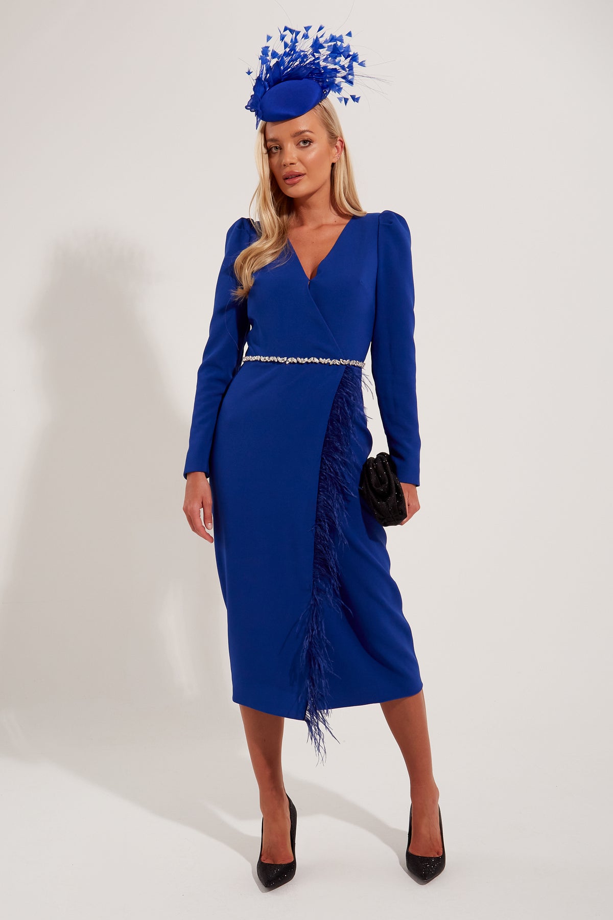 VIVIENNE FEATHER TRIM PUFF SHOULDER MIDI DRESS - ROYAL BLUE