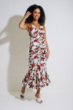 AZALIA FLORAL RUCHE FISHTAIL MIDI