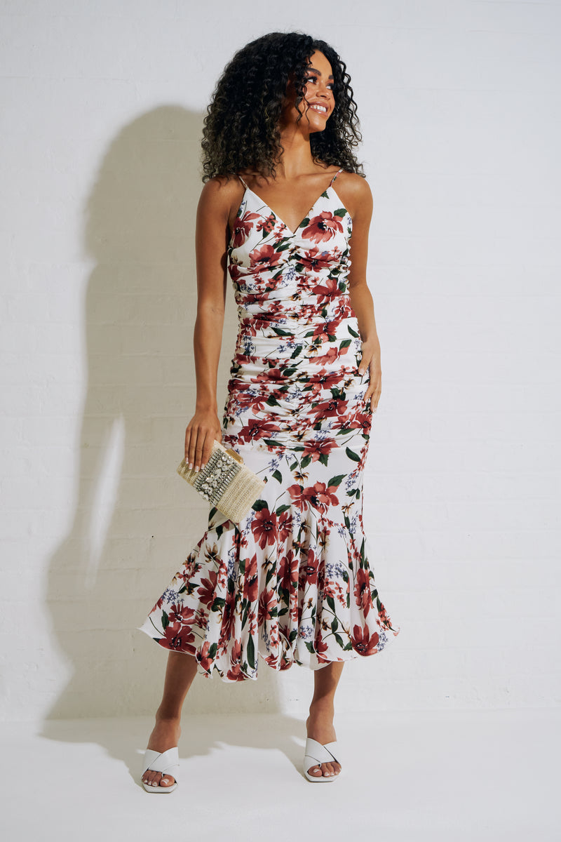 AZALIA FLORAL RUCHE FISHTAIL MIDI