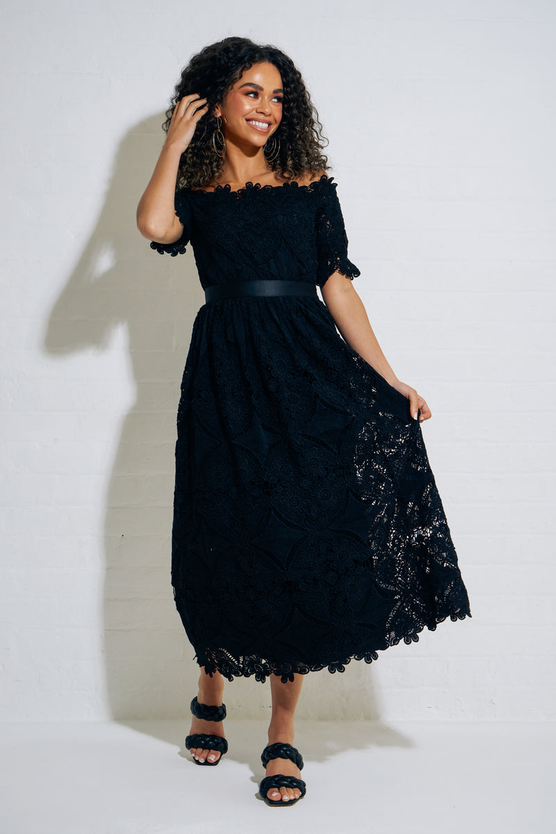 TROPEZ CROCHET LACE BARDOT DRESS - BLACK