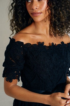 TROPEZ CROCHET LACE BARDOT DRESS - BLACK