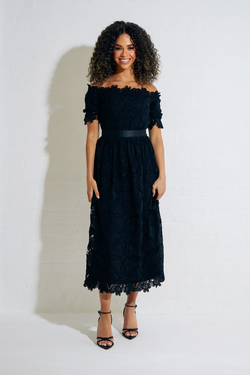 TROPEZ CROCHET LACE BARDOT DRESS - BLACK