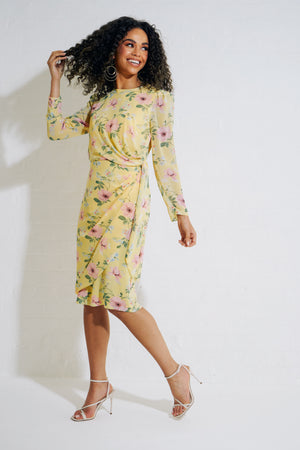 ELODIE FLORAL TIE DRAPE DRESS - LEMON