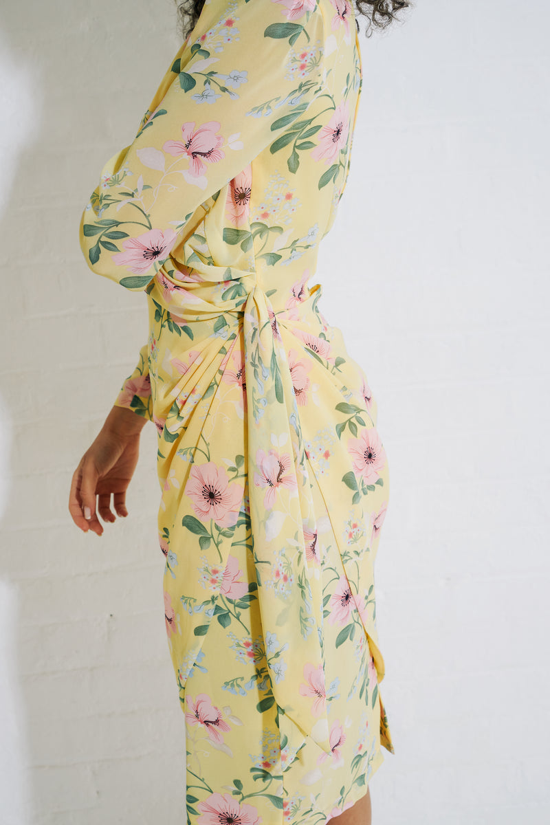 ELODIE FLORAL TIE DRAPE DRESS - LEMON