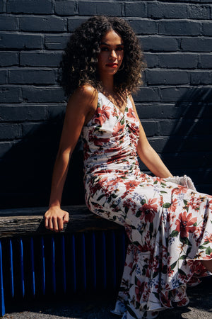 AZALIA FLORAL RUCHE FISHTAIL MIDI