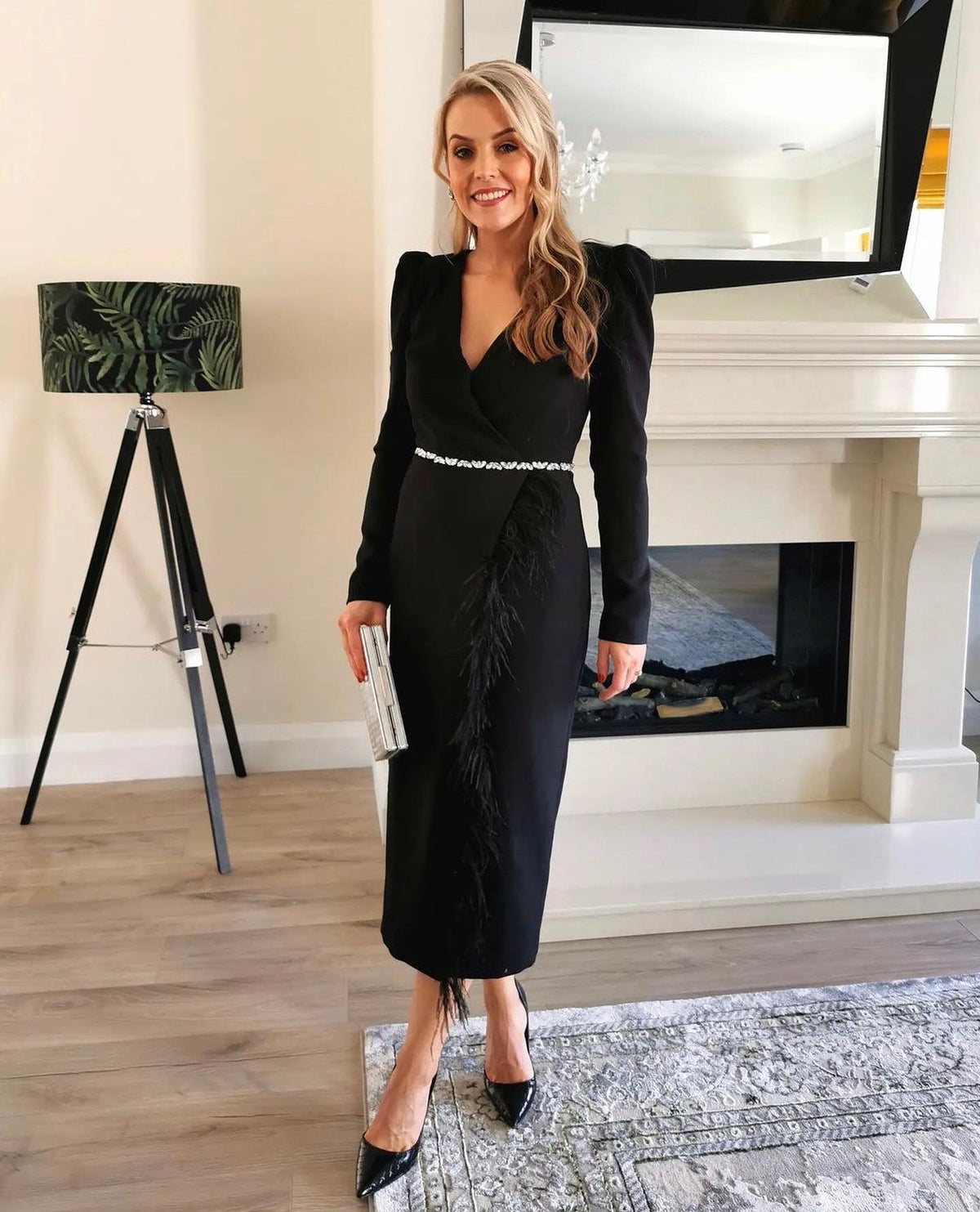 VIVIENNE FEATHER TRIM PUFF SHOULDER MIDI DRESS - BLACK