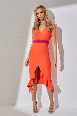 TOPAZ BEADED WAIST FRILL HEM DRESS - ORANGE & PINK